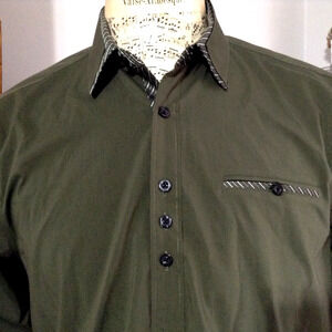 HISDERN Dress Shirt Mens Olive Green Large 17 Contrast Trim Long Sleeve Cotton